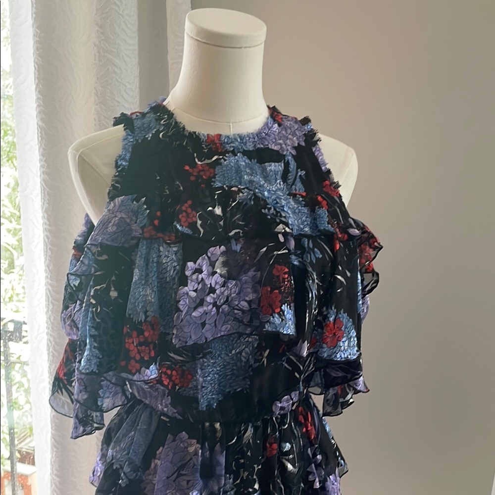 Alice + Olivia Nichola Drop Shoulder Flounce Tiered Dress Floral EUC 6 - Picture 2 of 14